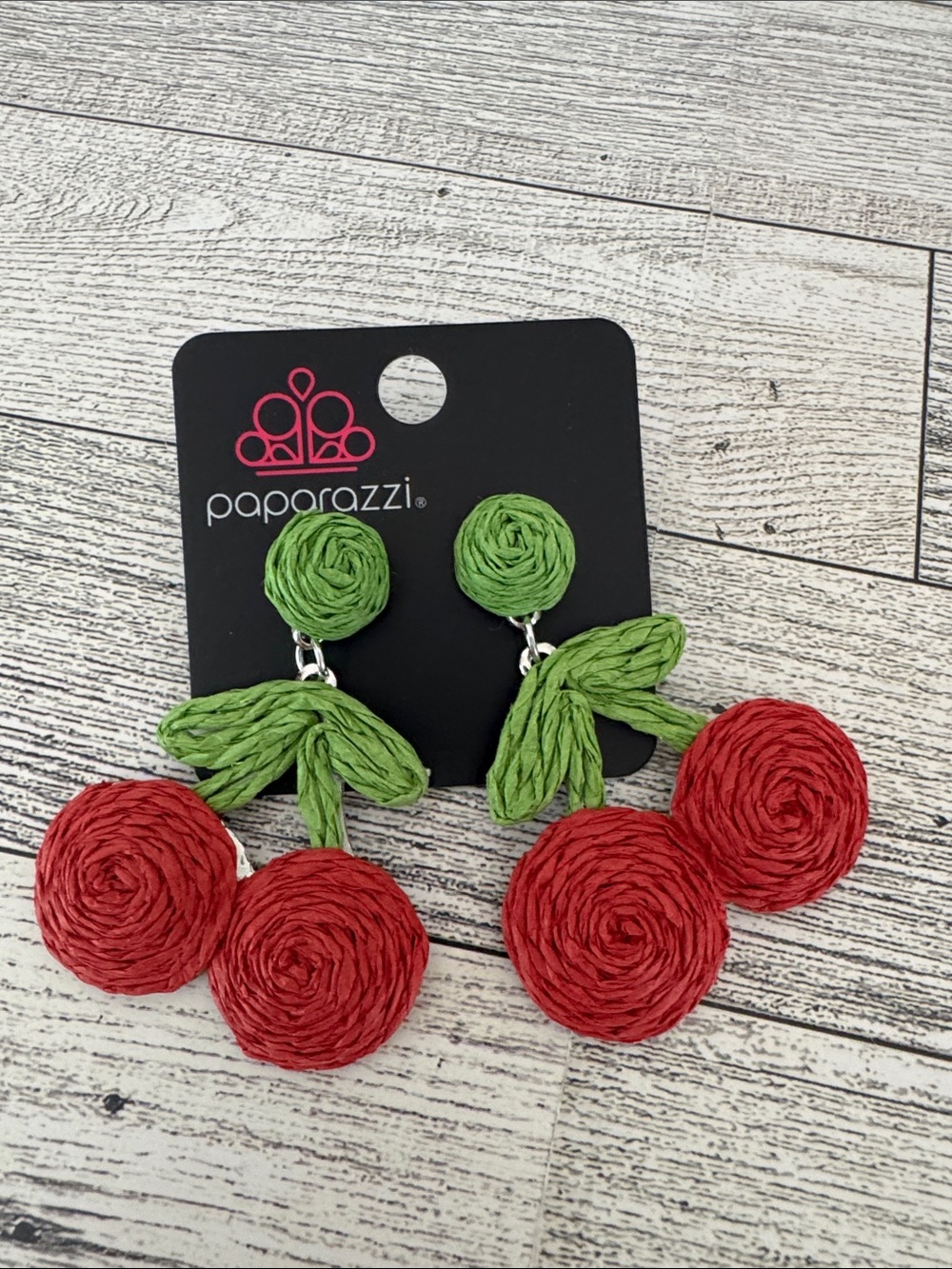 Paparazzi Raffia Crafted Cherry Dangle Earrings NWT - Picture 2 of 5